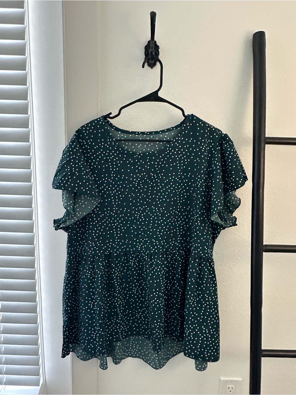 SHEIN Dark Green Polka Dot Flutter Blouse